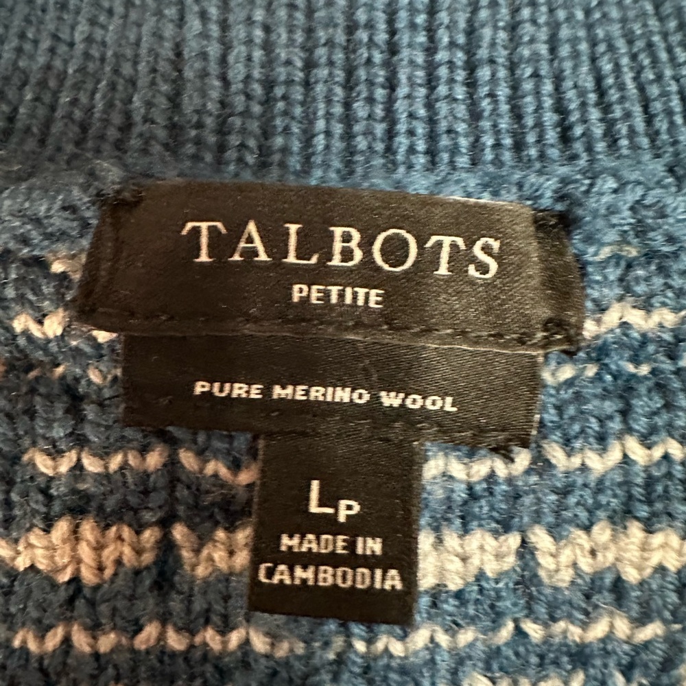 Talbots Blue and Cream Striped Merino Wool Sweater Size Lp - Picture 3 of 6